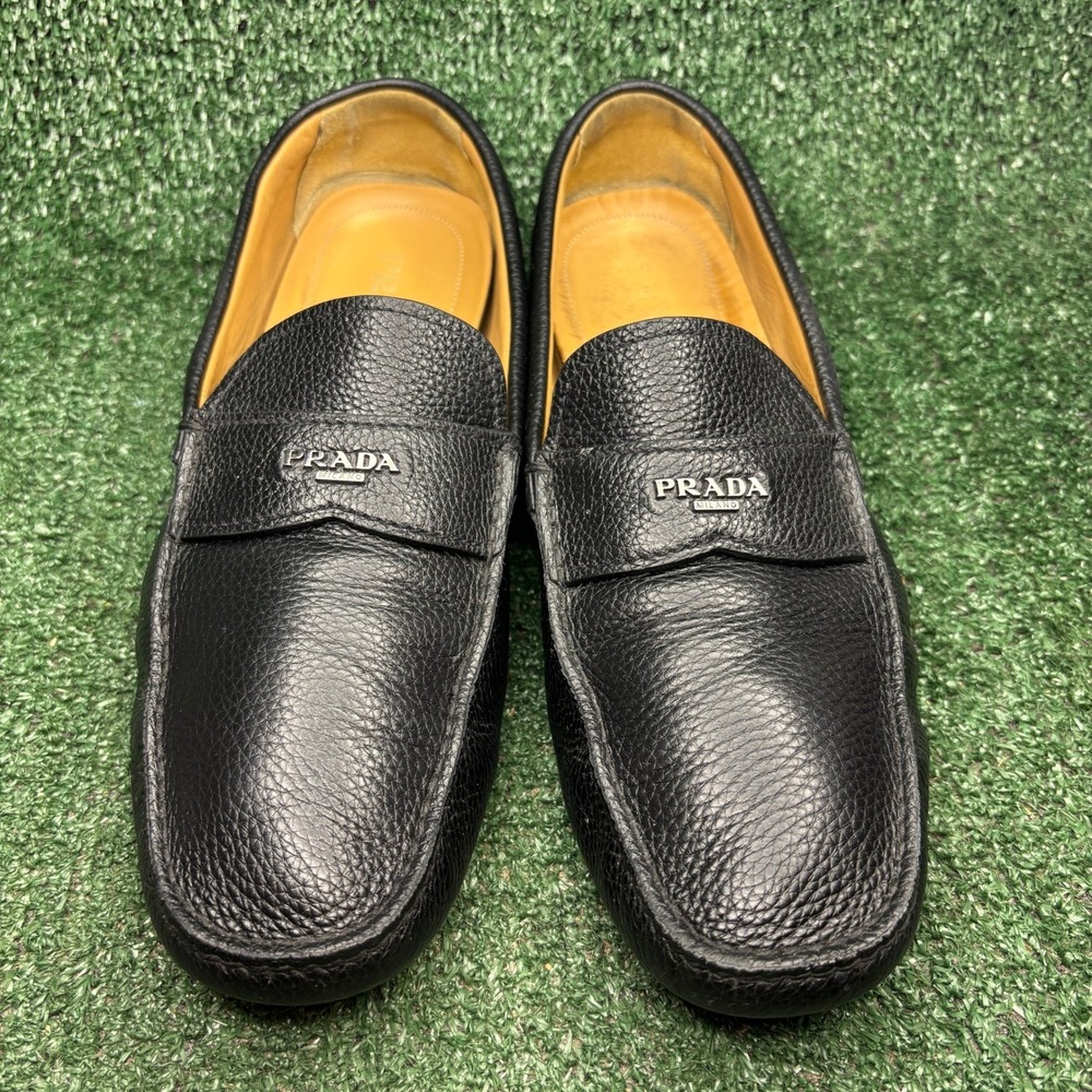 Prada Grained Leather Logo Penny Driving Loafer Luxury Slip On Black Mens Sz 12 - Picture 1 of 9
